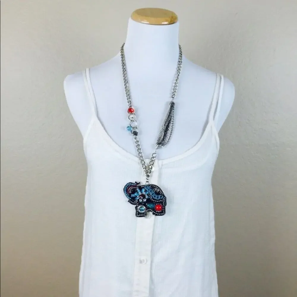 NEW Silver Tone Elephant Long Pendant Necklace and Earrings Set Boho Colorful